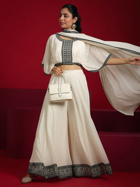 Women Embroidered Flared Sleeves Top With Palazzo & Dupatta | Wedding Outfits VitansEthnics