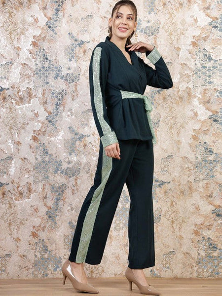 Women Green Embellished Sequinned Blazer With Trousers Co-Ords set VitansEthnics