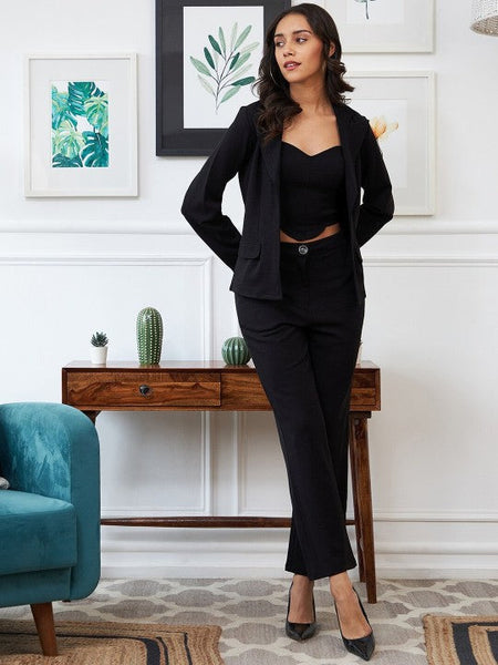 Women Black Solid Top & Jacket With Trouser Co-Ords Set VitansEthnics