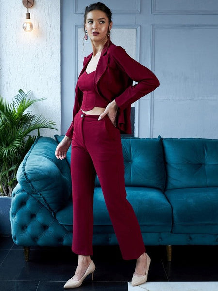 Women Maroon Solid Three Piece Blazer Co-Ords set VitansEthnics