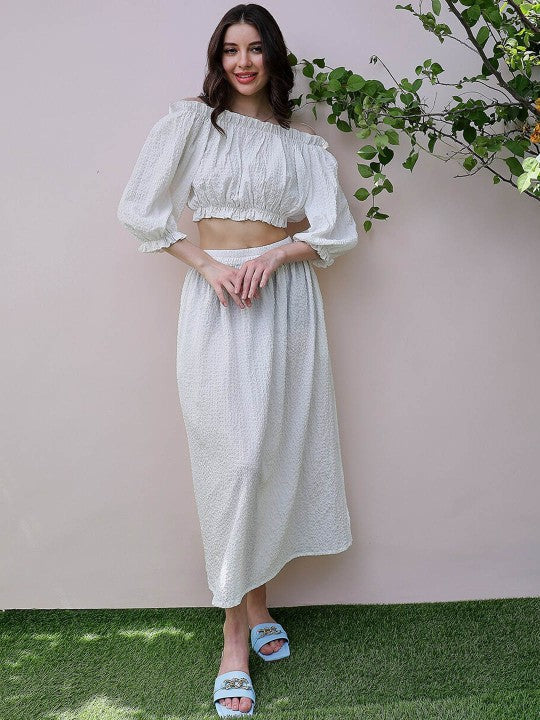 Women White Self Design Off-Shoulder Puff Sleeves Crop Top With Skirt Co-Ords set VitansEthnics
