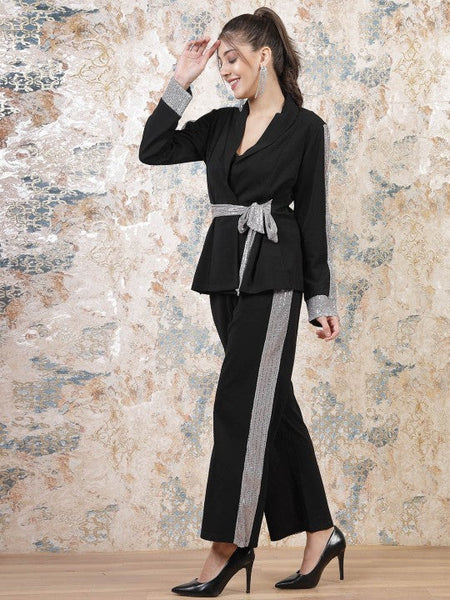 Women Black Embellished Coats With Trousers Co-Ords set VitansEthnics