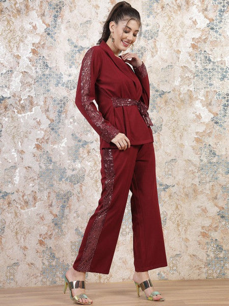 Women Maroon Embellished Sequinned Blazer With Trousers Co-Ords set VitansEthnics