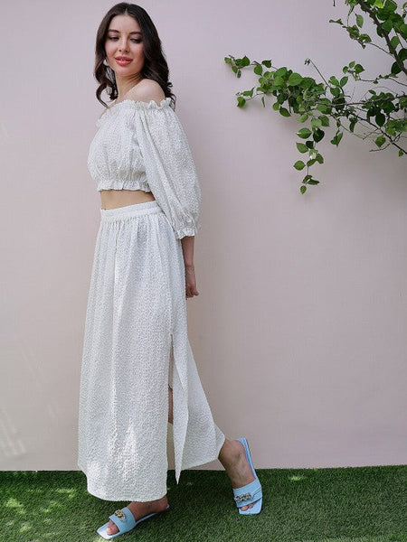 Women White Self Design Off-Shoulder Puff Sleeves Crop Top With Skirt Co-Ords set VitansEthnics