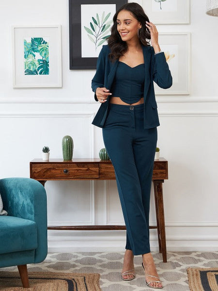 Women Teal-Blue Solid Three Piece Blazer Co-Ords set VitansEthnics