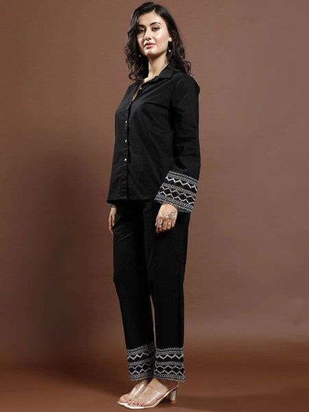 Women Black Lace Detailed Pure Cotton Shirt & Trousers Co-Ords set VitansEthnics