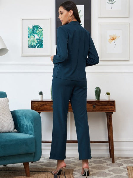 Women Teal-Blue Solid Three Piece Blazer Co-Ords set VitansEthnics