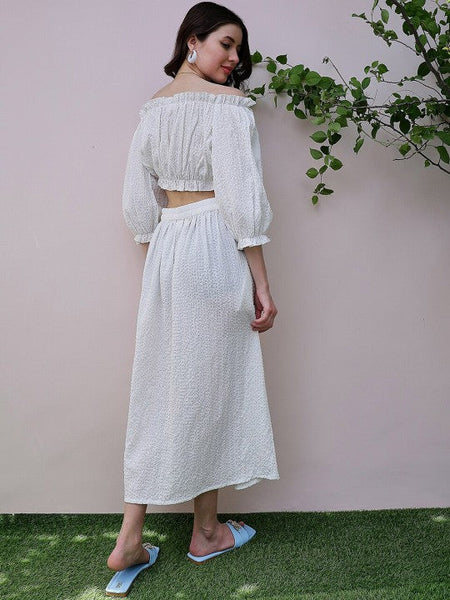 Women White Self Design Off-Shoulder Puff Sleeves Crop Top With Skirt Co-Ords set VitansEthnics