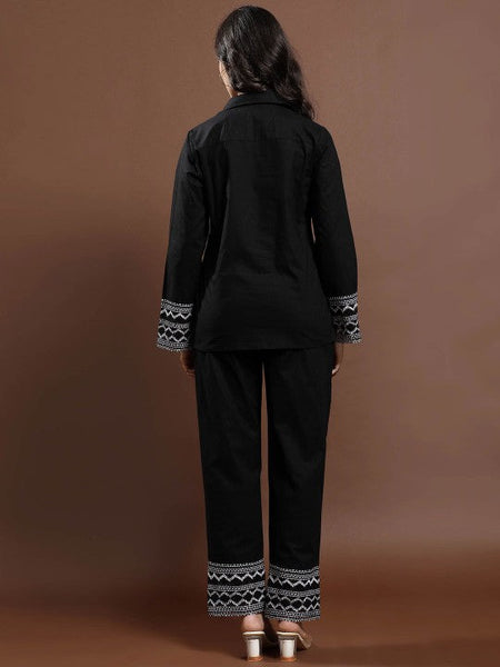 Women Black Lace Detailed Pure Cotton Shirt & Trousers Co-Ords set VitansEthnics