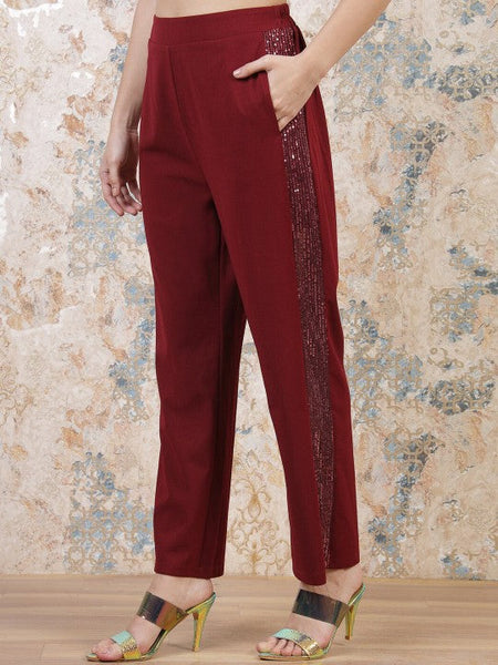 Women Maroon Embellished Sequinned Blazer With Trousers Co-Ords set VitansEthnics