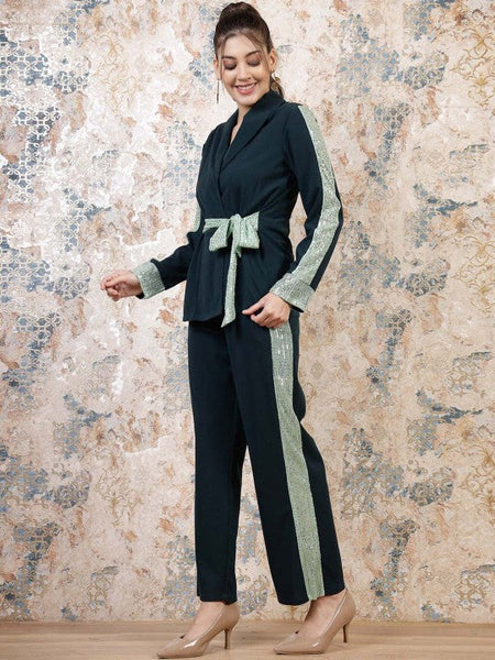 Women Green Embellished Sequinned Blazer With Trousers Co-Ords set VitansEthnics