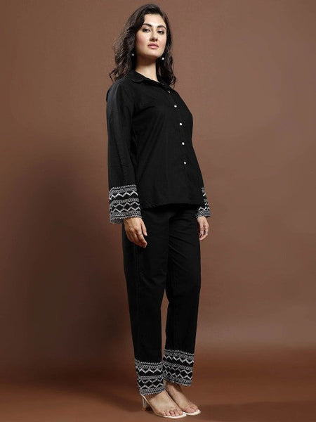 Women Black Lace Detailed Pure Cotton Shirt & Trousers Co-Ords set VitansEthnics