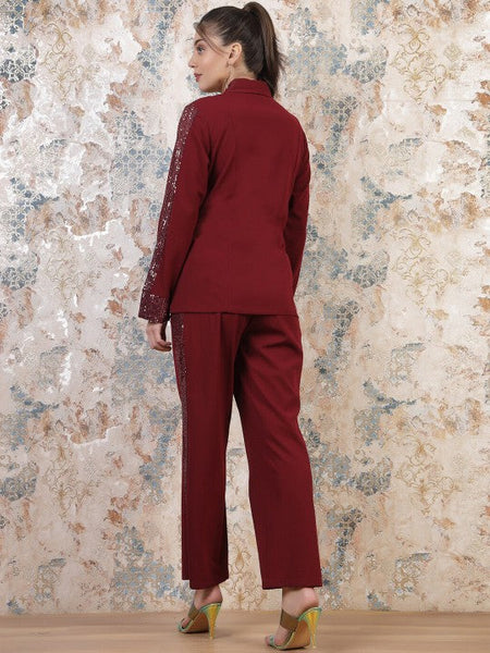 Women Maroon Embellished Sequinned Blazer With Trousers Co-Ords set VitansEthnics
