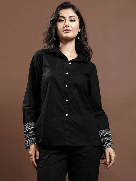 Women Black Lace Detailed Pure Cotton Shirt & Trousers Co-Ords set VitansEthnics