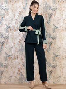Women Green Embellished Sequinned Blazer With Trousers Co-Ords set VitansEthnics
