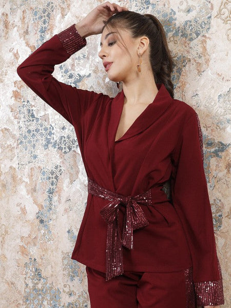 Women Maroon Embellished Sequinned Blazer With Trousers Co-Ords set VitansEthnics