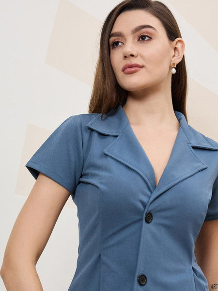 Women Blue Notched lapel Short Sleeved Blazer With Trousers Co-Ords set VitansEthnics