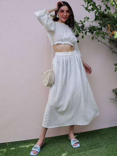Women White Self Design Off-Shoulder Puff Sleeves Crop Top With Skirt Co-Ords set VitansEthnics