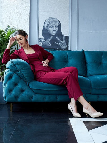 Women Maroon Solid Three Piece Blazer Co-Ords set VitansEthnics