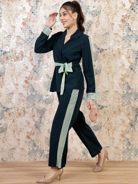 Women Green Embellished Sequinned Blazer With Trousers Co-Ords set VitansEthnics