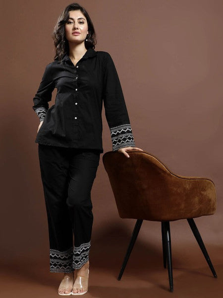 Women Black Lace Detailed Pure Cotton Shirt & Trousers Co-Ords set VitansEthnics
