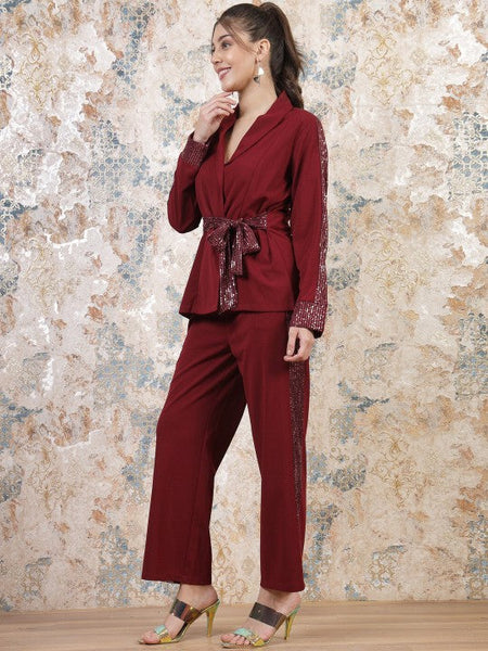 Women Maroon Embellished Sequinned Blazer With Trousers Co-Ords set VitansEthnics