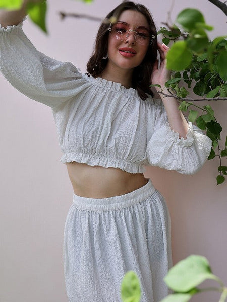 Women White Self Design Off-Shoulder Puff Sleeves Crop Top With Skirt Co-Ords set VitansEthnics
