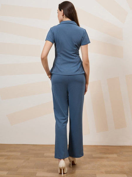 Women Blue Notched lapel Short Sleeved Blazer With Trousers Co-Ords set VitansEthnics