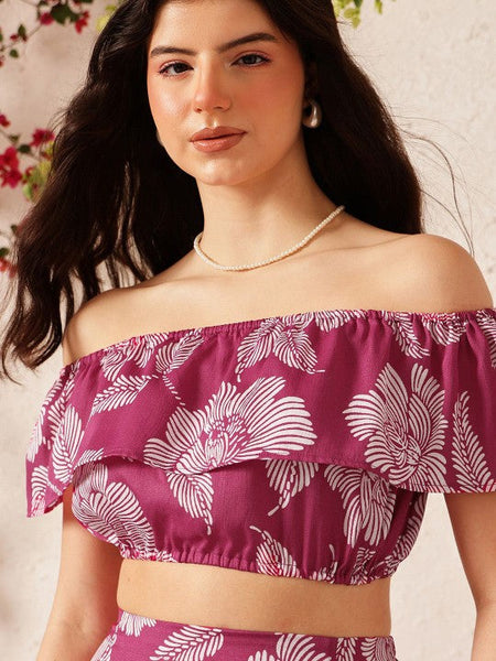 Women Pink Printed Off Shoulder Crop Top With Flared Skirt Co-Ords Set VitansEthnics