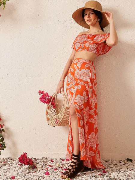 Women Orange Printed Off Shoulder Crop Top With Flared Skirt Co-Ords Set VitansEthnics