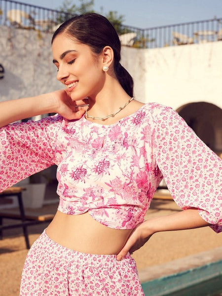 Women Pink Floral Printed Boat Neck Crop Top with Flared Palazzos Co-Ords Set VitansEthnics