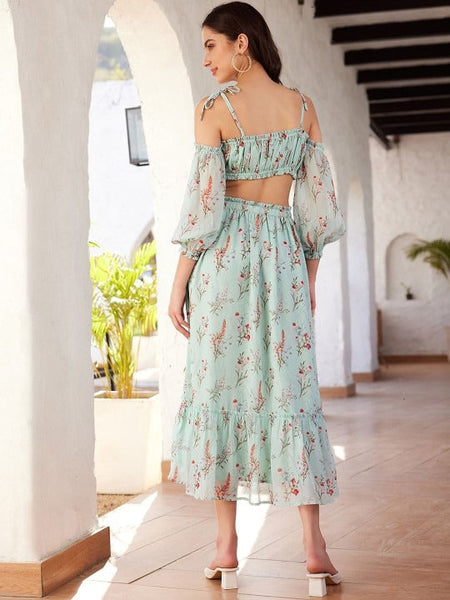 Women Green Printed Cold Shoulder Crop Top & Skirt Co-Ords Set VitansEthnics