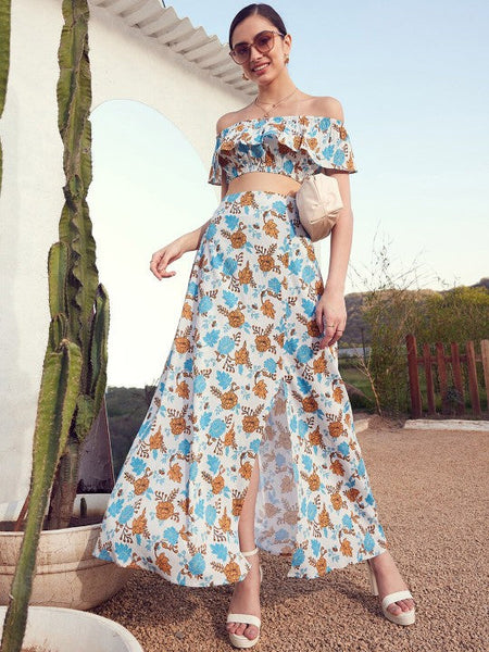 Women Blue & White Printed Off Shoulder Crop Top With Flared Skirt Co-Ords Set VitansEthnics