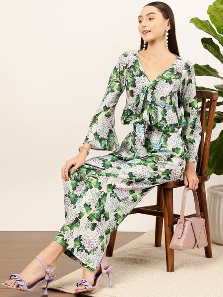 Women Green Floral Printed Top & Palazzos Co-Ords Set VitansEthnics