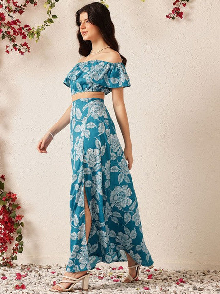 Women Blue Printed Off Shoulder Crop Top With Flared Skirt Co-Ords Set VitansEthnics