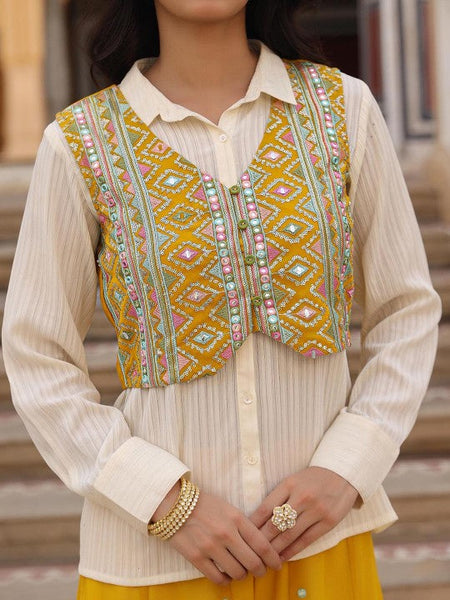 Women Striped Shirt With Palazzos & Embroidered Jacket Set Indo-Western Outfit VitansEthnics