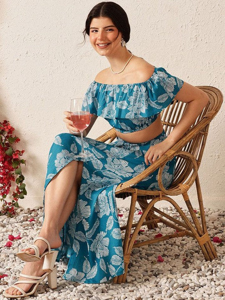 Women Blue Printed Off Shoulder Crop Top With Flared Skirt Co-Ords Set VitansEthnics