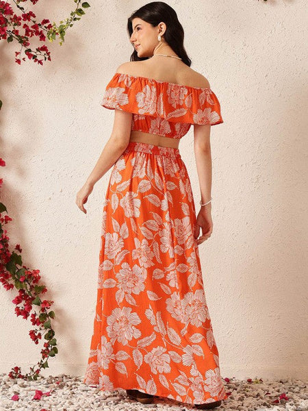 Women Orange Printed Off Shoulder Crop Top With Flared Skirt Co-Ords Set VitansEthnics