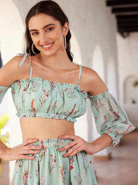 Women Green Printed Cold Shoulder Crop Top & Skirt Co-Ords Set VitansEthnics