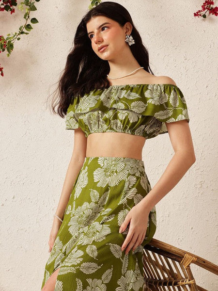 Women Green Printed Off Shoulder Crop Top With Flared Skirt Co-Ords Set VitansEthnics