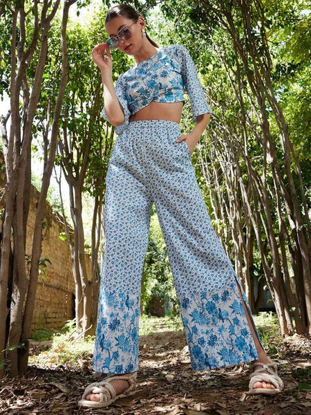 Women Floral Printed Boat Neck Crop Top with Flared Palazzos Co-Ords Set VitansEthnics