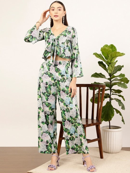 Women Green Floral Printed Top & Palazzos Co-Ords Set VitansEthnics