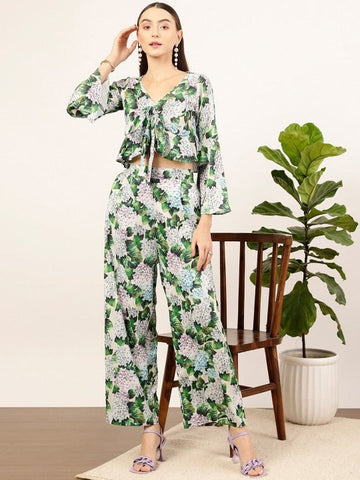Women Green Floral Printed Top & Palazzos Co-Ords Set VitansEthnics