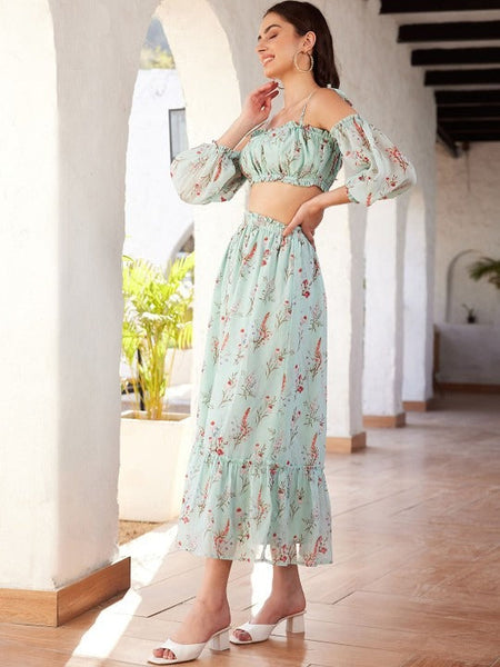 Women Green Printed Cold Shoulder Crop Top & Skirt Co-Ords Set VitansEthnics