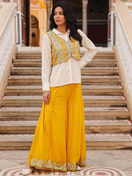 Women Striped Shirt With Palazzos & Embroidered Jacket Set Indo-Western Outfit VitansEthnics