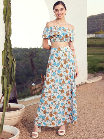 Women Blue & White Printed Off Shoulder Crop Top With Flared Skirt Co-Ords Set VitansEthnics
