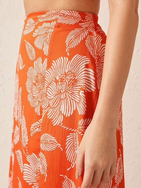 Women Orange Printed Off Shoulder Crop Top With Flared Skirt Co-Ords Set VitansEthnics