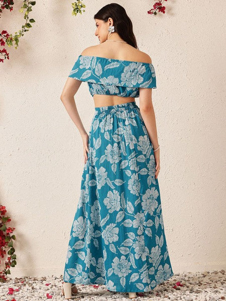 Women Blue Printed Off Shoulder Crop Top With Flared Skirt Co-Ords Set VitansEthnics