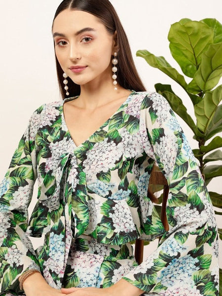 Women Green Floral Printed Top & Palazzos Co-Ords Set VitansEthnics