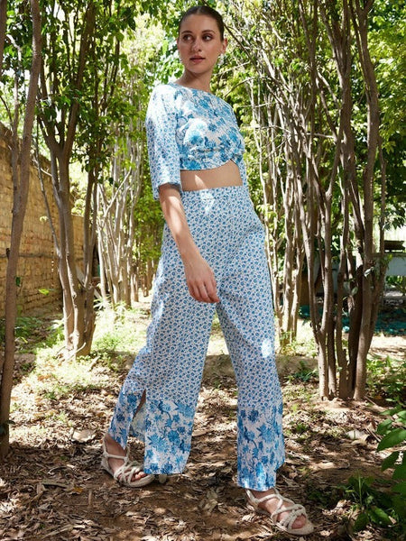 Women Floral Printed Boat Neck Crop Top with Flared Palazzos Co-Ords Set VitansEthnics